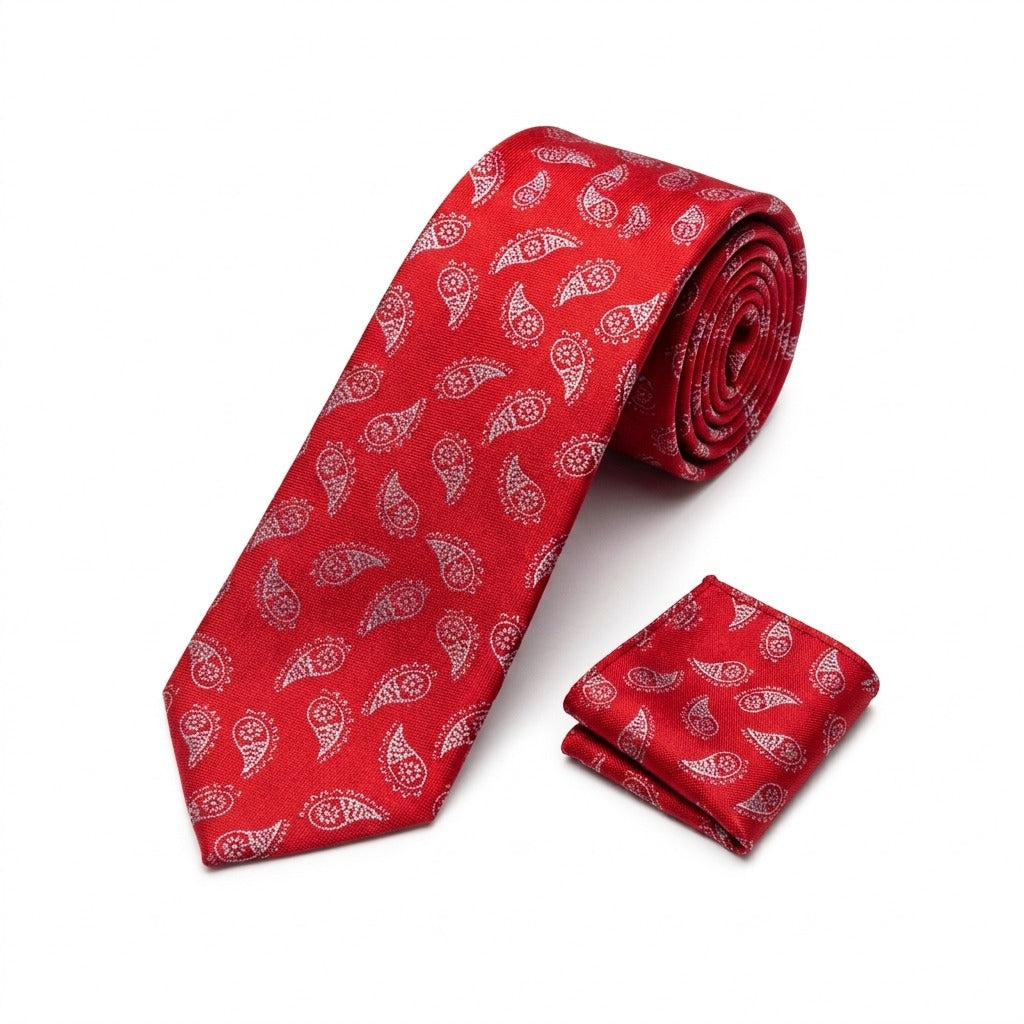 Men's Red Paisley Tie and Pocket Square Set KR 214
