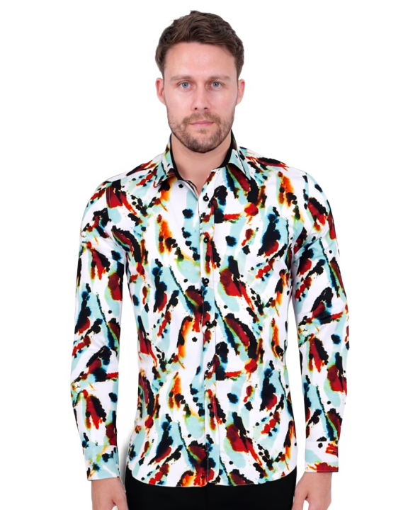 White Abstract Ink Splotch Print Shirt-Makrom