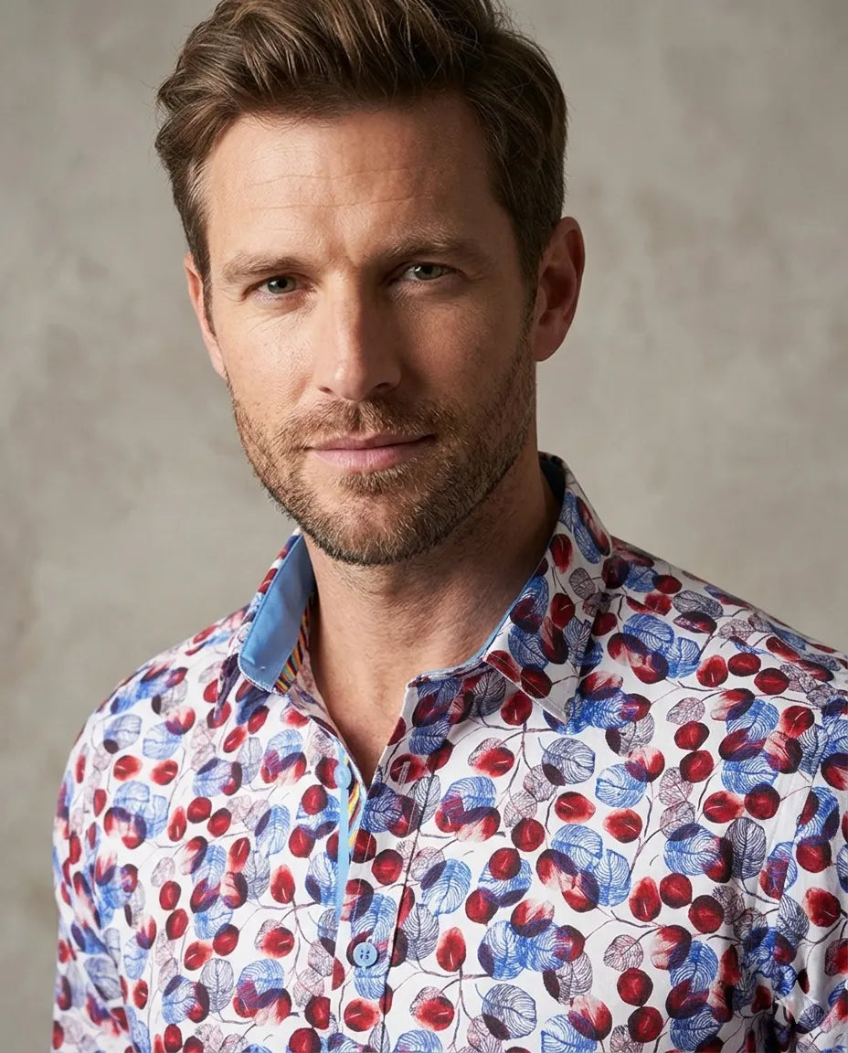 White Blue Leaf Print Shirt with Matching Handkerchief