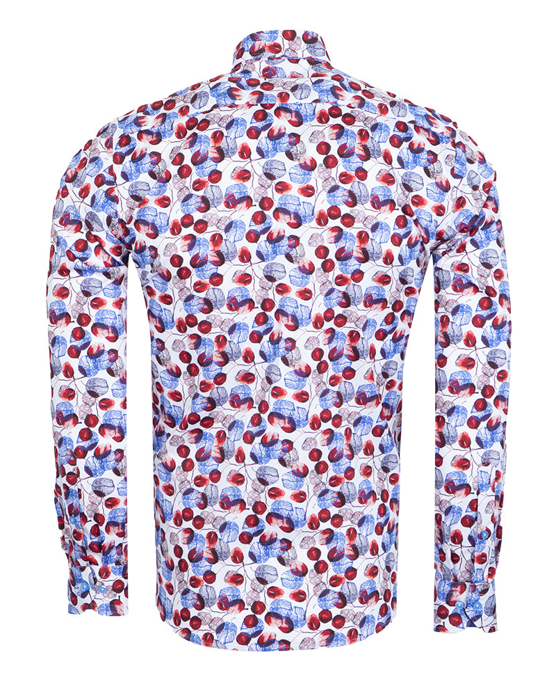 White Blue Leaf Print Shirt with Matching Handkerchief-Makrom