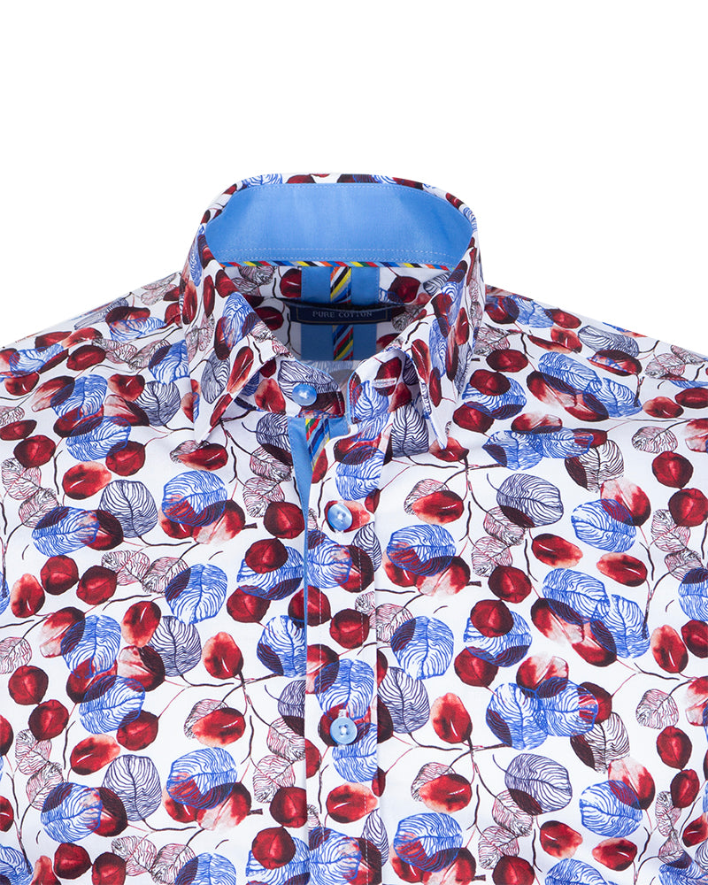 White Blue Leaf Print Shirt with Matching Handkerchief-Makrom