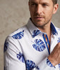 White Blue Leaf Print Shirt with Matching Handkerchief