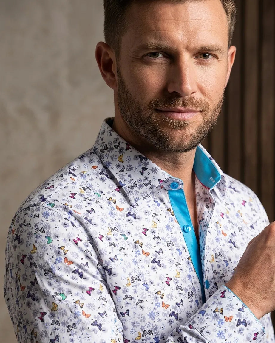 White Butterfly Print Shirt with Matching Handkerchief