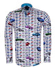 White Car Print Men's Shirt with Matching Handkerchief-Makrom