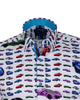 White Car Print Men's Shirt with Matching Handkerchief-Makrom