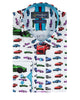 White Car Print Men's Shirt with Matching Handkerchief-Makrom