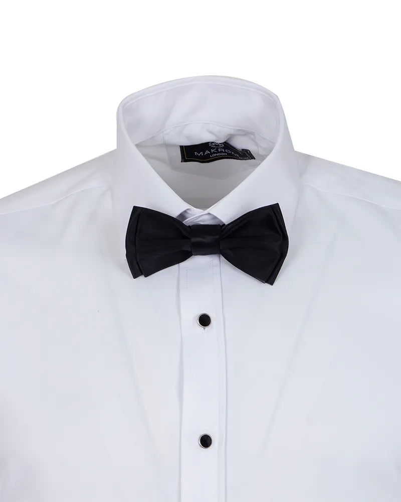 White dress shirt with a black bow tie on a white background