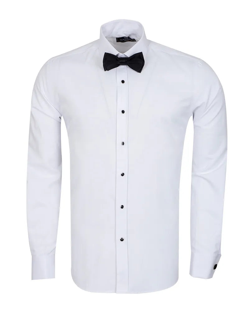 White dress shirt with a black bow tie on a white background