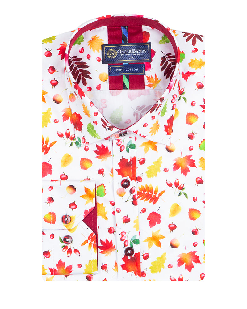 White Colorful Leaf Print Shirt with Matching Handkerchief-Makrom