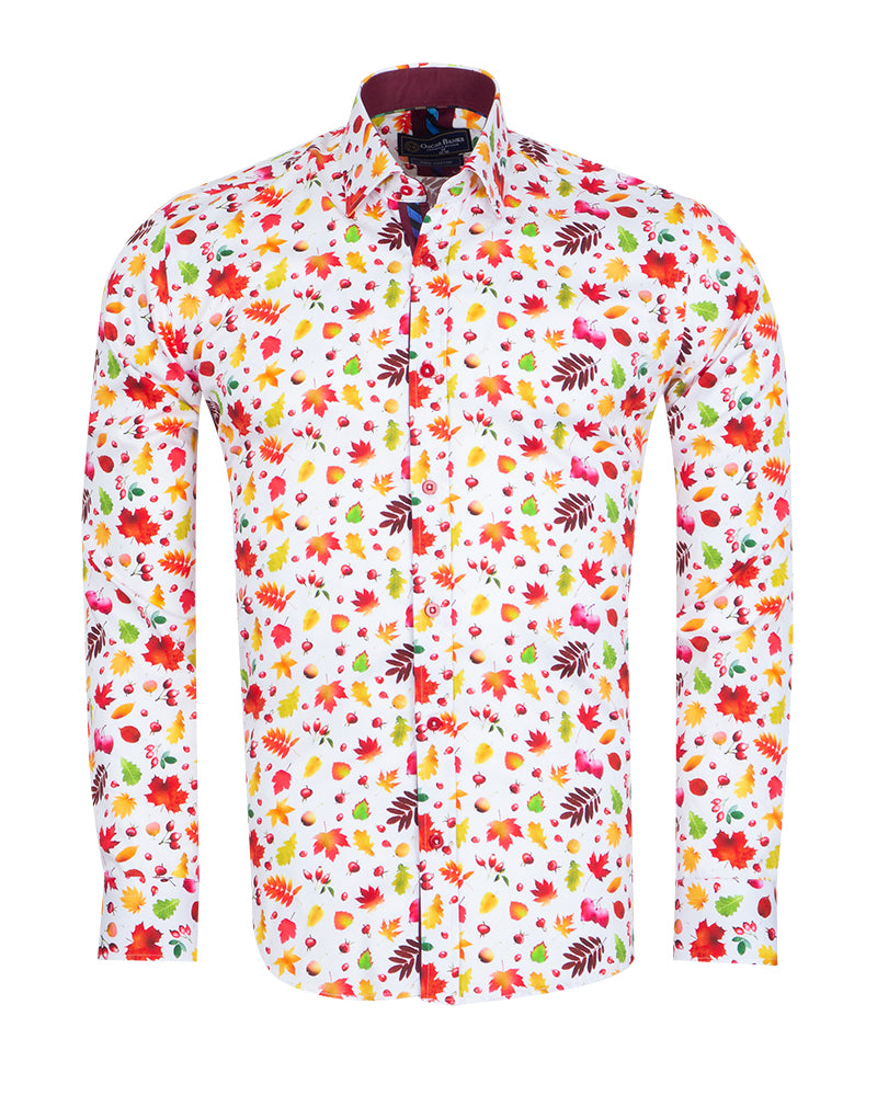 White Colorful Leaf Print Shirt with Matching Handkerchief-Makrom