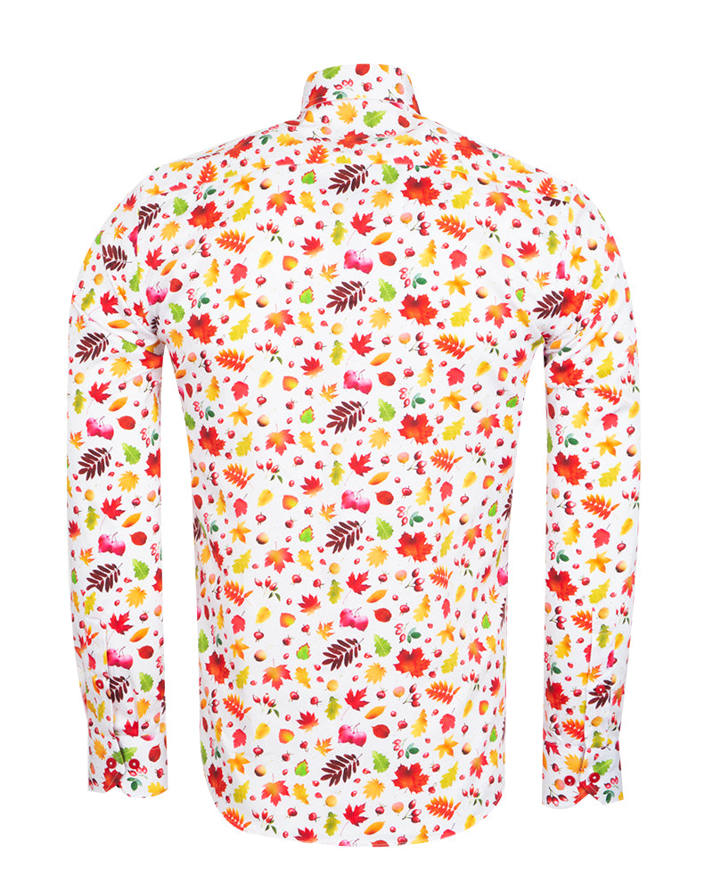 White Colorful Leaf Print Shirt with Matching Handkerchief-Makrom