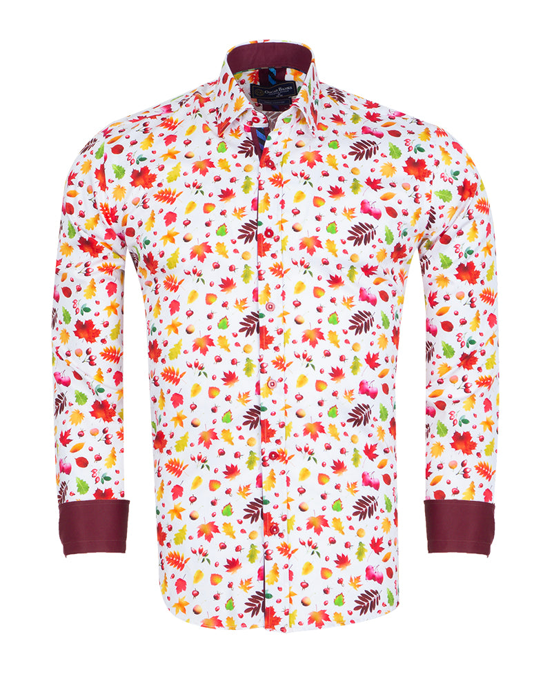 White Colorful Leaf Print Shirt with Matching Handkerchief-Makrom
