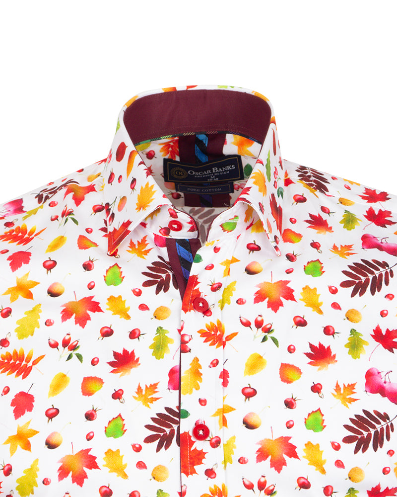 White Colorful Leaf Print Shirt with Matching Handkerchief-Makrom