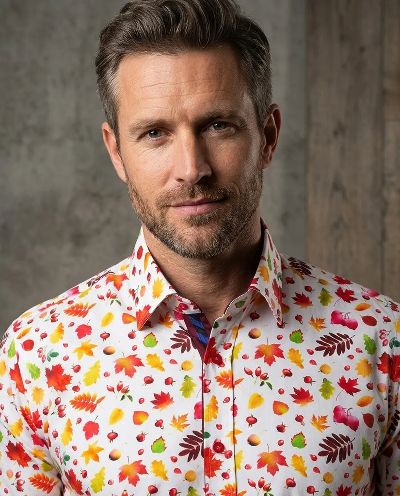 White Colorful Leaf Print Shirt with Matching Handkerchief
