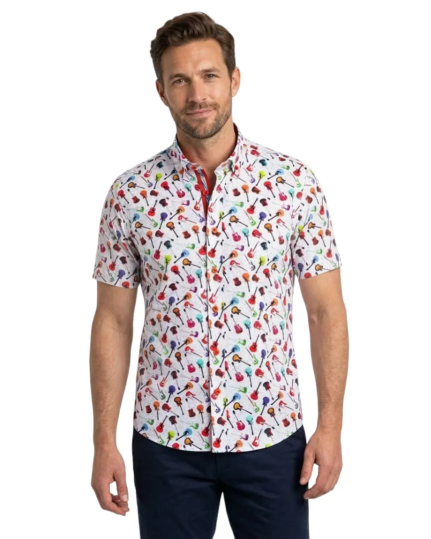 White Colourful Guitar Print Short Sleeve Shirt-Makrom