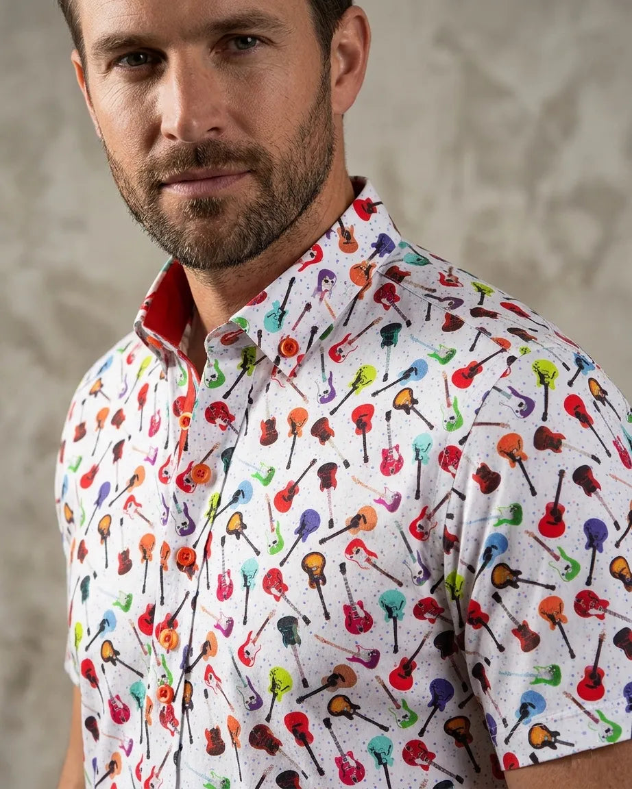 White Colourful Guitar Print Short Sleeve Shirt