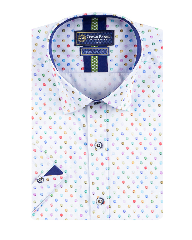 White Colourful Polka Print Short Sleeve Shirt-Makrom
