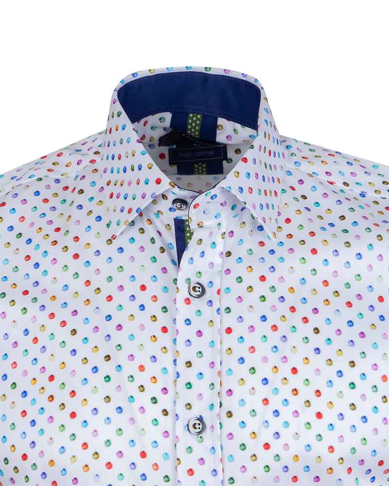 White Colourful Polka Print Short Sleeve Shirt-Makrom
