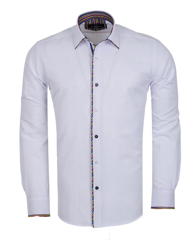 White dress shirt with colorful trim on a white background