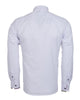 White dress shirt with black buttons on a white background
