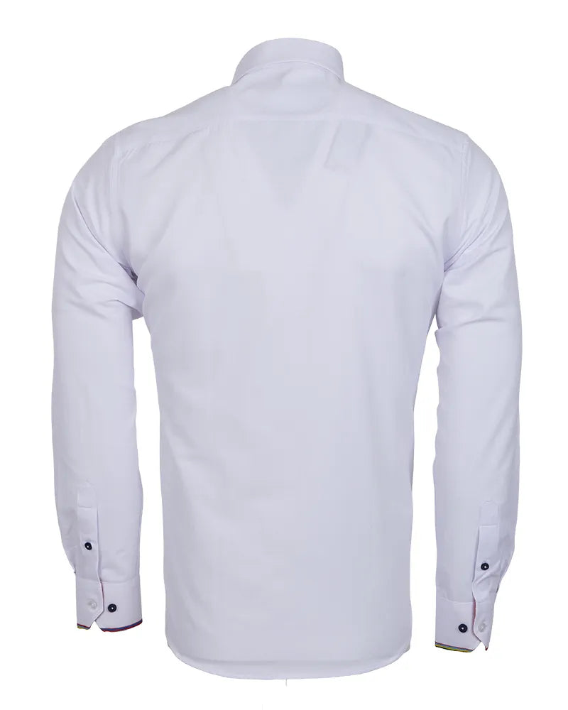 White dress shirt with black buttons on a white background