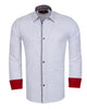 White shirt with red cuffs and colorful collar on a white background