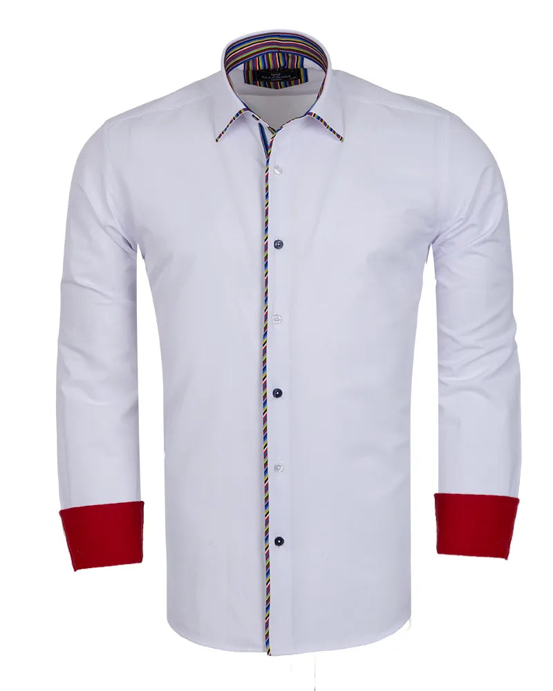 White shirt with red cuffs and colorful collar on a white background