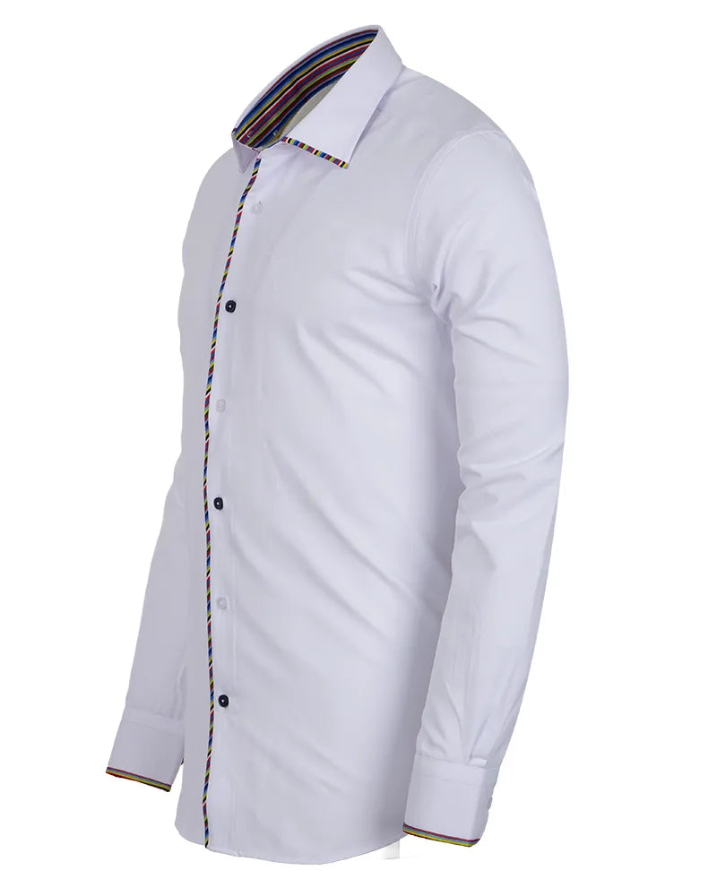 White shirt with colorful trim on a white background