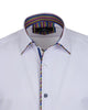 White dress shirt with a colorful striped collar on a white background