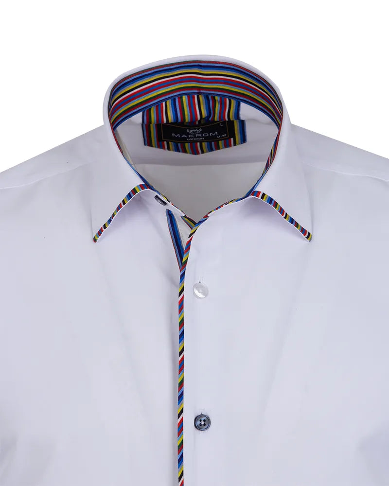 White dress shirt with a colorful striped collar on a white background
