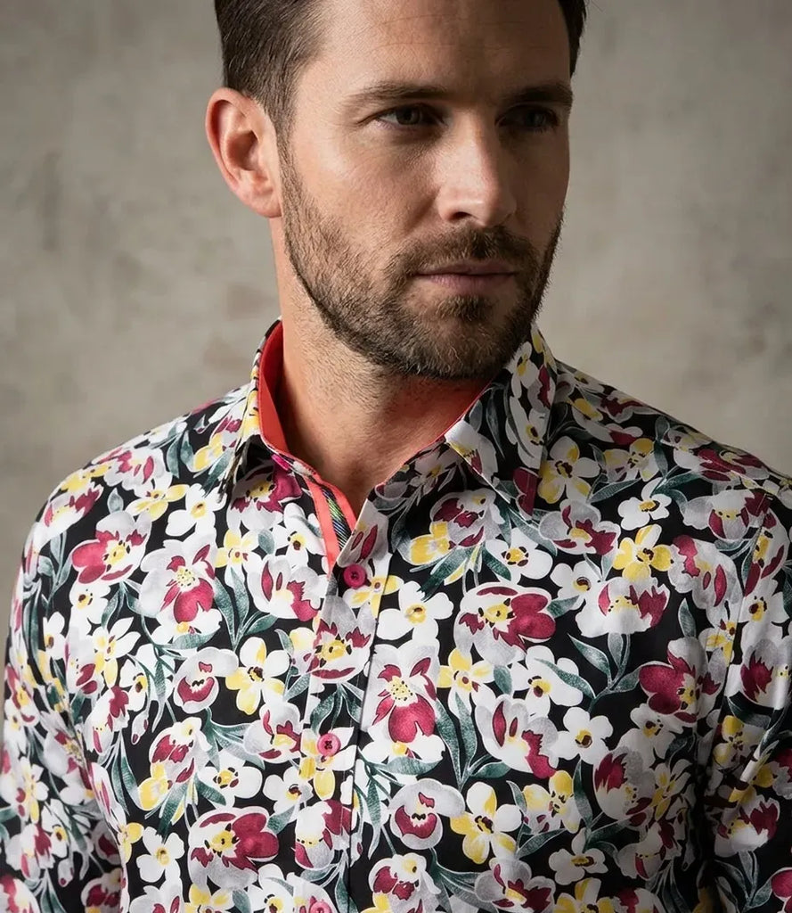 White Cosmos Flower Print Shirt with Matching Handkerchief