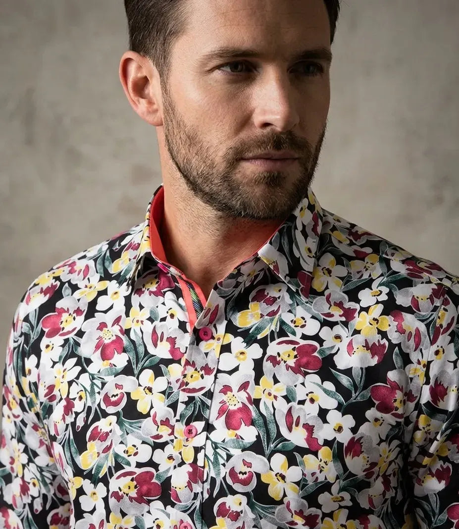 White Cosmos Flower Print Shirt with Matching Handkerchief