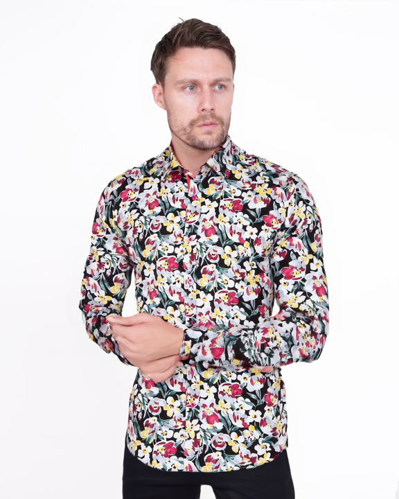 White Cosmos Flower Print Shirt with Matching Handkerchief-Makrom