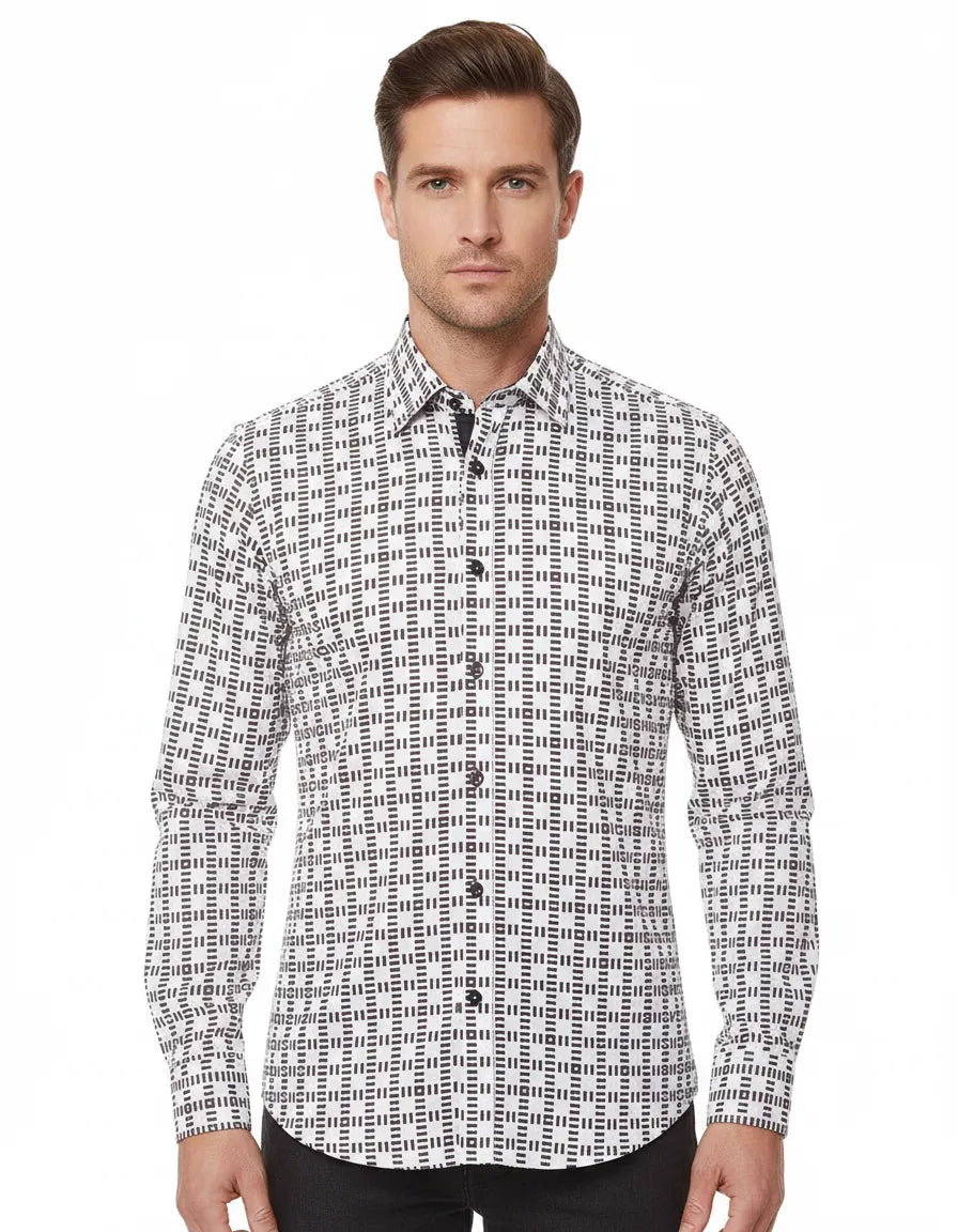 White Dashed Line Check Print Shirt-Makrom