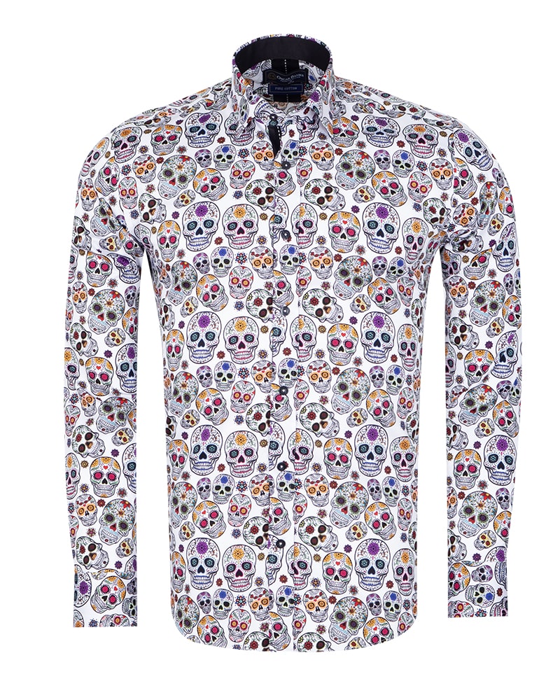 White Day of The Dead Skull Print Shirt with Matching Handkerchief-Makrom