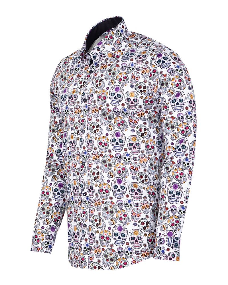 White Day of The Dead Skull Print Shirt with Matching Handkerchief-Makrom
