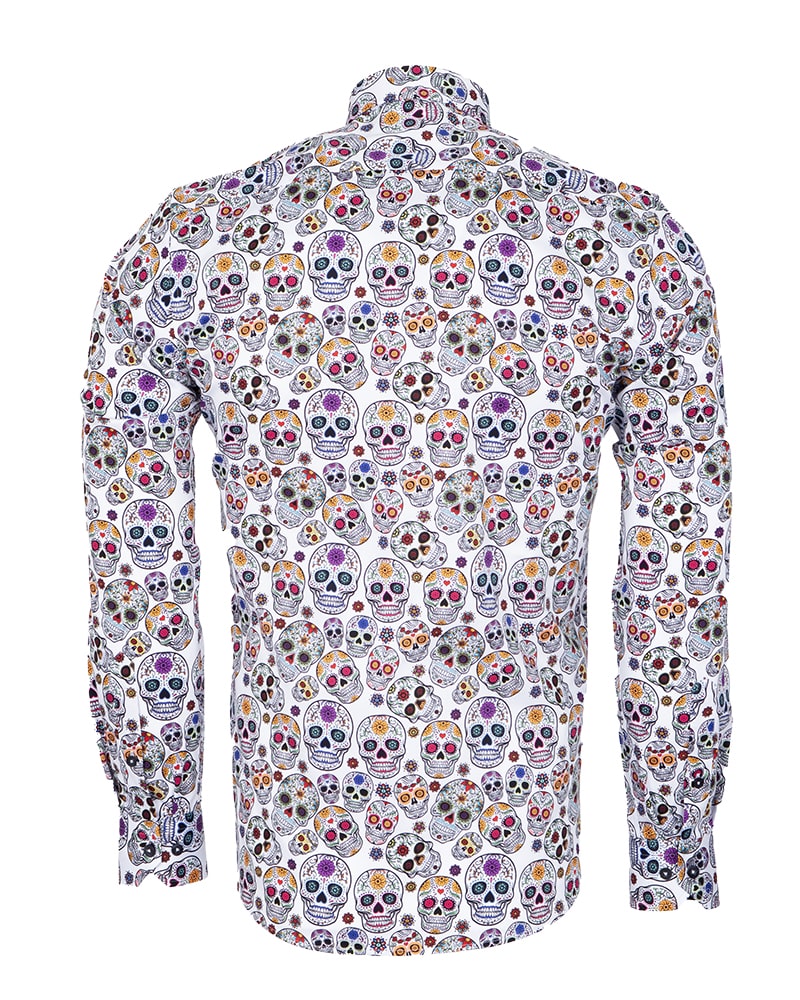 White Day of The Dead Skull Print Shirt with Matching Handkerchief-Makrom