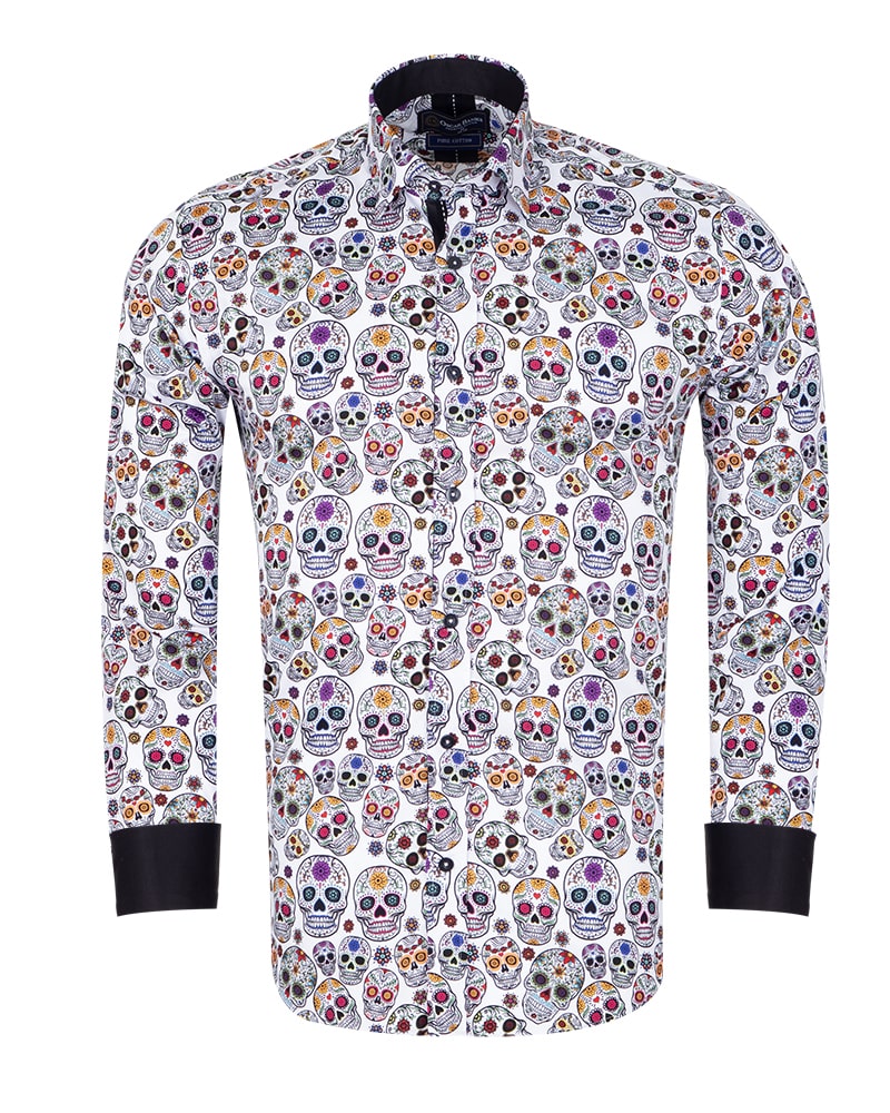 White Day of The Dead Skull Print Shirt with Matching Handkerchief-Makrom