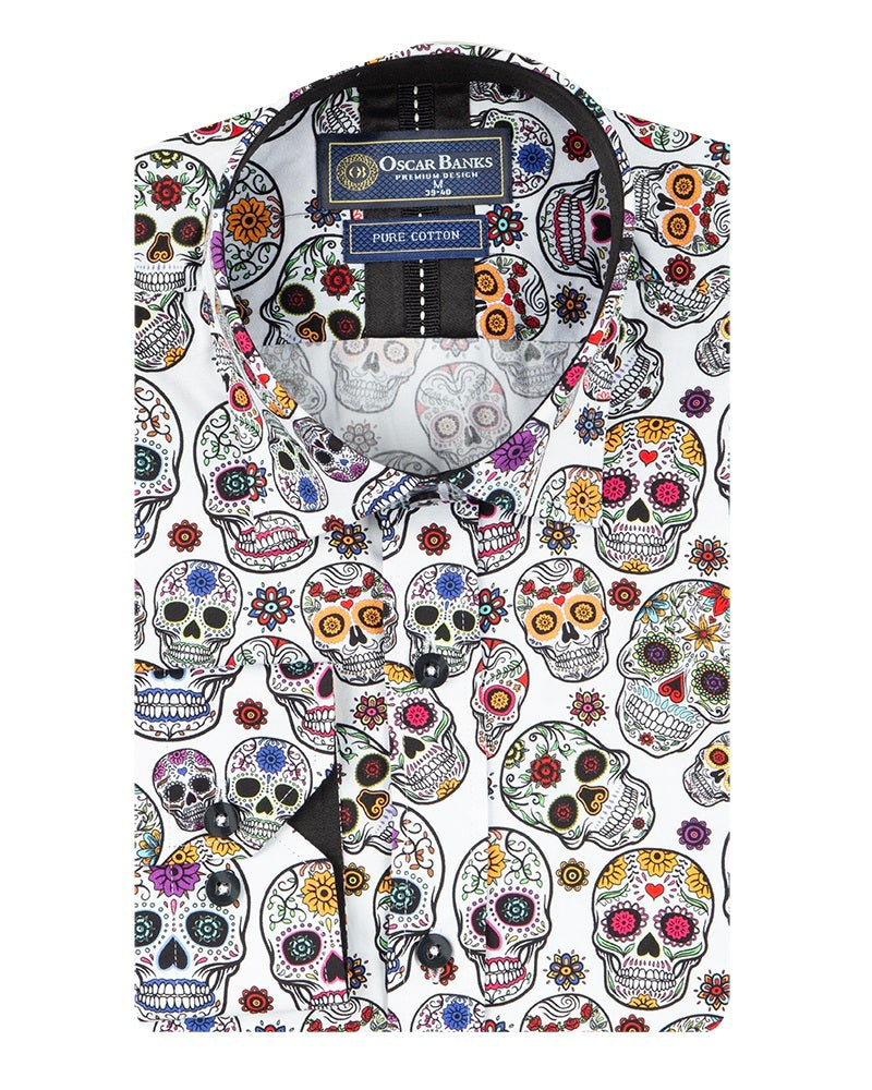 White Day of The Dead Skull Print Shirt with Matching Handkerchief-Makrom