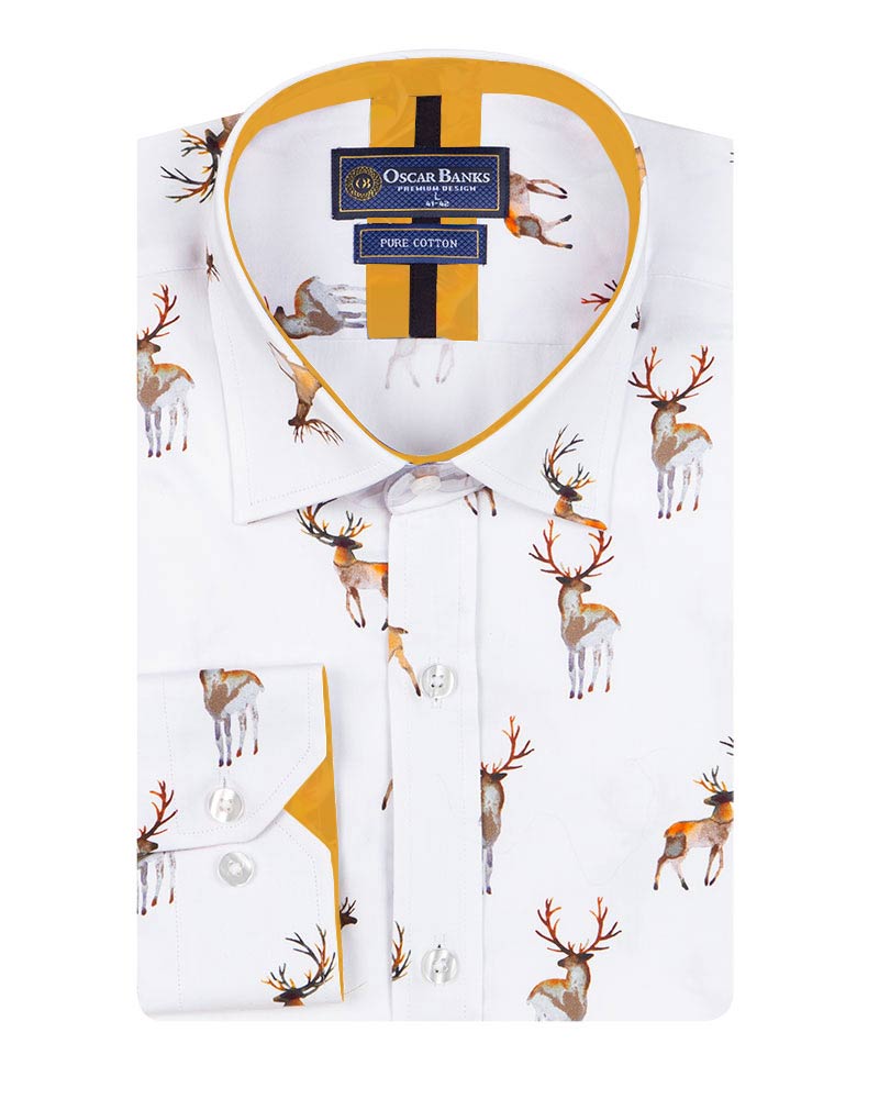 White Deer Print Men's Christmas Shirt with Matching Handkerchief-Makrom