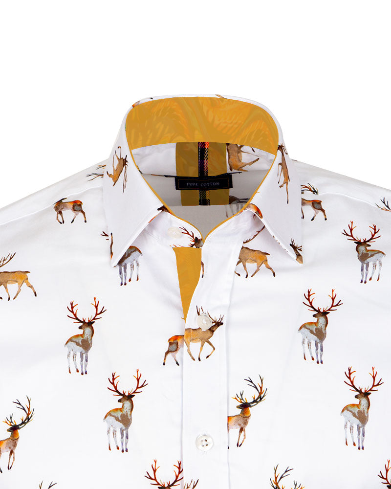 White Deer Print Men's Christmas Shirt with Matching Handkerchief-Makrom