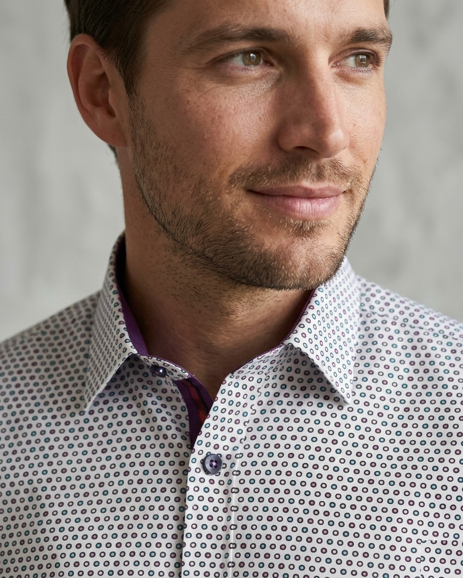 White Dotted Mosaic Print Shirt with Matching Handkerchief-Makrom
