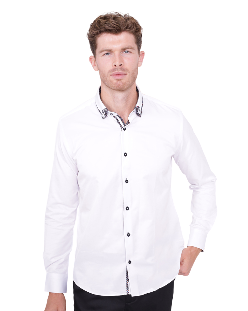 White Double Collar Dotted Print Shirt-Makrom