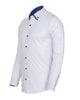 A white long-sleeve button-down dress shirt with a contrasting blue and white patterned inner collar and matching patterned button accents, shown on a plain white background.