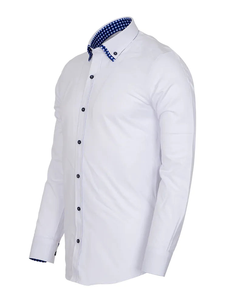 A white long-sleeve button-down dress shirt with a contrasting blue and white patterned inner collar and matching patterned button accents, shown on a plain white background.