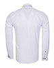 White long-sleeve dress shirt shown from the back, featuring a spread collar with blue stitching, buttoned cuffs, and a subtle V-shaped notch at the upper back.