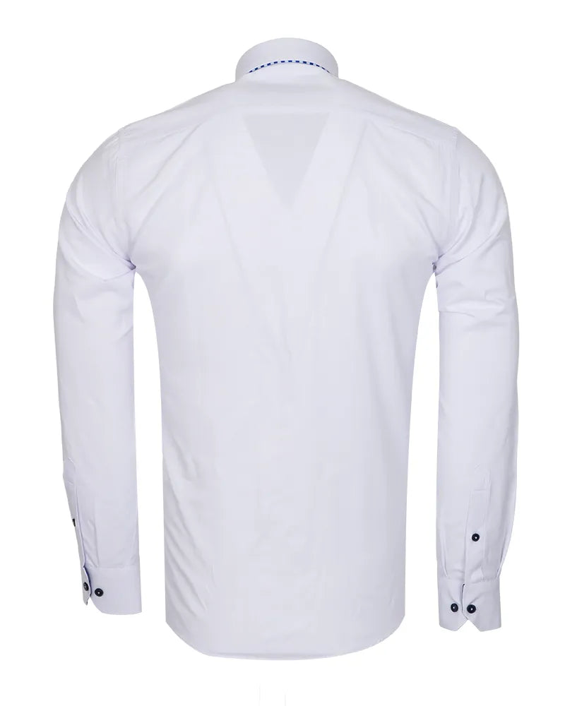 White long-sleeve dress shirt shown from the back, featuring a spread collar with blue stitching, buttoned cuffs, and a subtle V-shaped notch at the upper back.