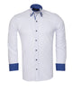 A white long-sleeve button-down shirt with contrasting blue and white checkered cuffs and inner collar, displayed on a headless mannequin torso against a plain white background.