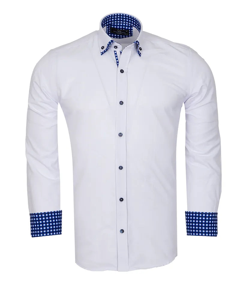 A white long-sleeve button-down shirt with contrasting blue and white checkered cuffs and inner collar, displayed on a headless mannequin torso against a plain white background.