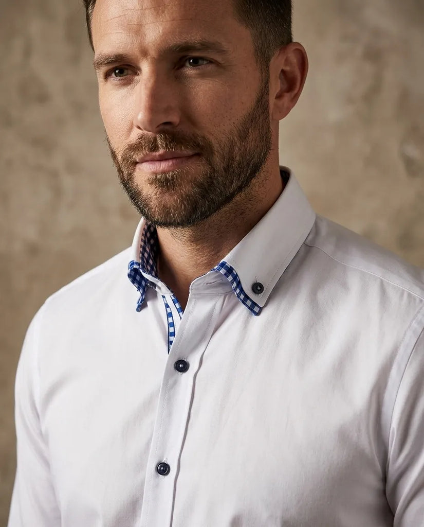 White Dress Shirt with Checked Inner Collar and Cuff Detail